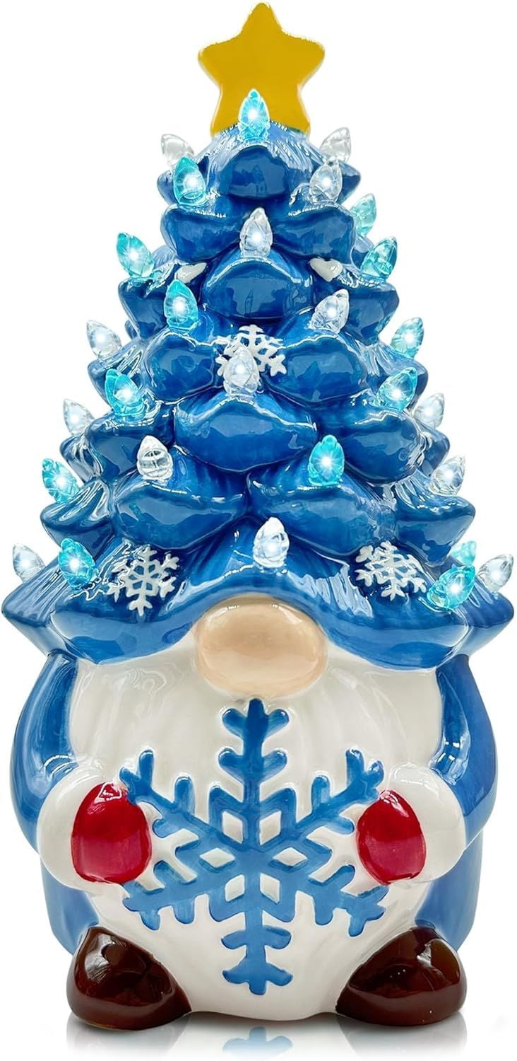 Christmas Gnome Christmas Tree, 8In Mini Ceramic Lighted Christmas Tree, Small Mini Prelit Xmas Holiday Decor for Tabletop Home Room Table Fireplace Office
