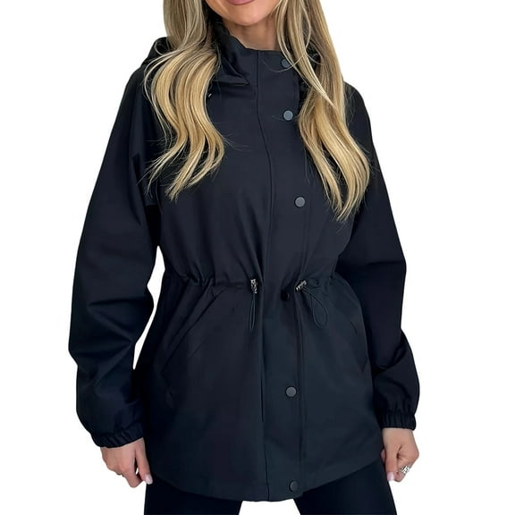 Women Waterproof Long Hooded Zip-Up Long Sleeves Rain Jacket Trench Coats Windbreaker Travel Jacket Navy Blue XL