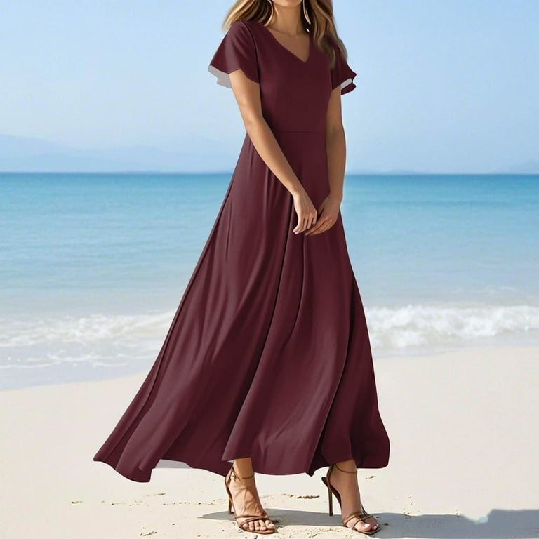 TQWQT Women's Plus Size Spring Dress Casual Long Wine Dresses V Neck Short Sleeve Church Dress Boho Summer Tiered Dresses Wine XL TQWQT Women's Plus Size Spring Dress Casual Long Wine Dresses V Neck Short Sleeve Church Dress Boho Summer Tiered Dresses Wine XL