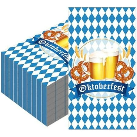 40‑pc Oktoberfest paper napkins, blue & white Bavarian check, luncheon disposable napkins for beer festival party décor.