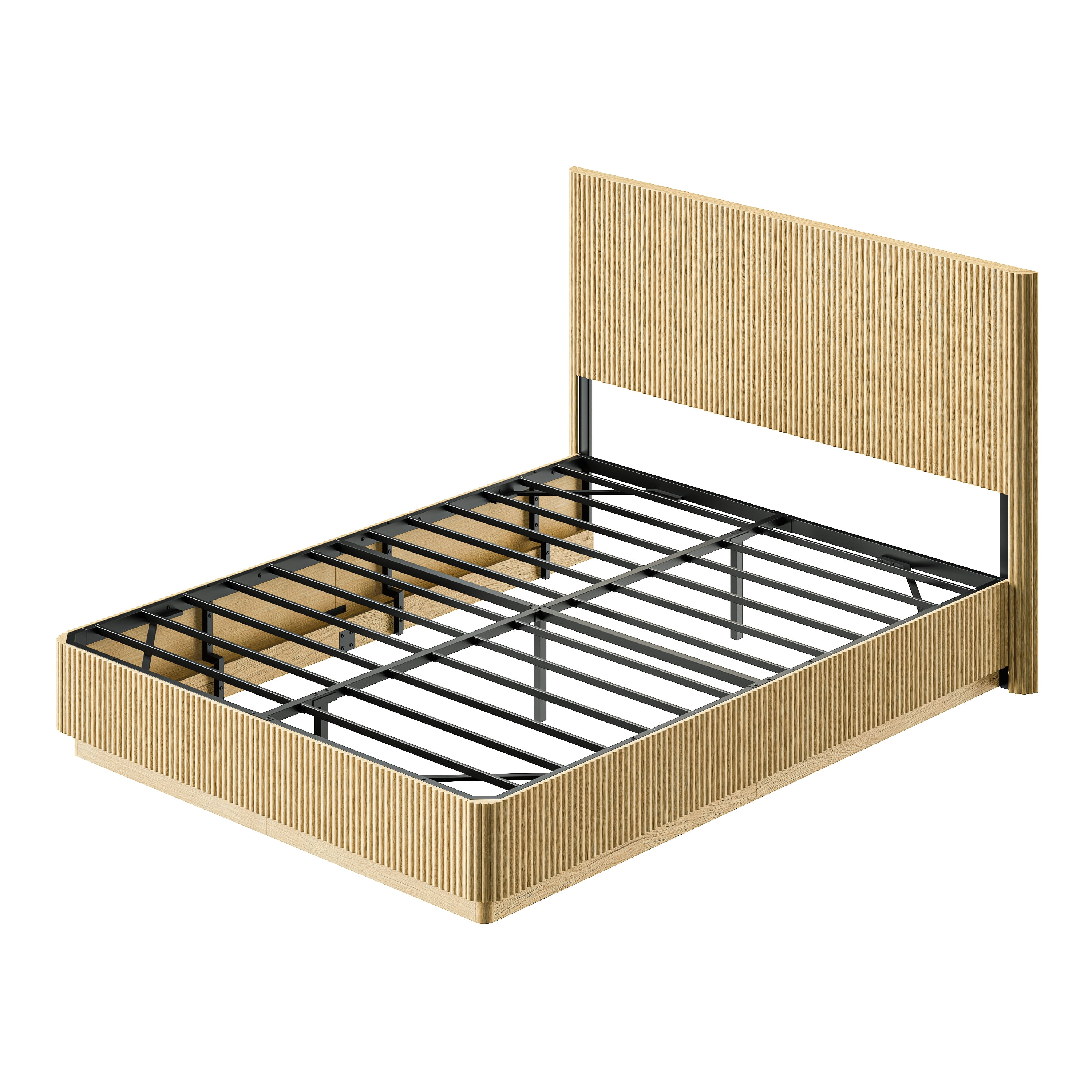 Queen Size Bed Frame with Built-In Nightlight System, Modern Wooden Corrugated Curved Lines Platform Bed, No Box Spring Needed, Adjustable Lighting, Oak