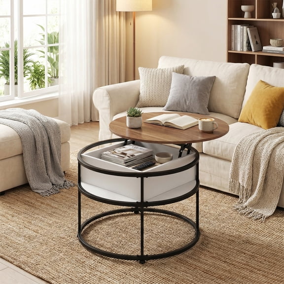 ELLEGNT 31.5" Lift Top Coffee Table for Living Room, Hidden Compartment & Open Shelves for Snacks, Books, and Work