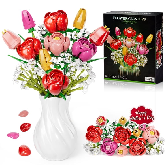 OKKIDY Red Rose Tulips ABS Flower Bouquet Building Blocks - Compatible with Lego, Valentine's Day Gift for Adults, Home Office Decor, No Vase(680 Pcs)