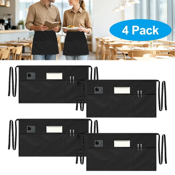 4 Pack Waist Aprons, EEEkit Waterproof Server Aprons with 3 Pockets for Women & Men, Waitress Waist Apron, Black