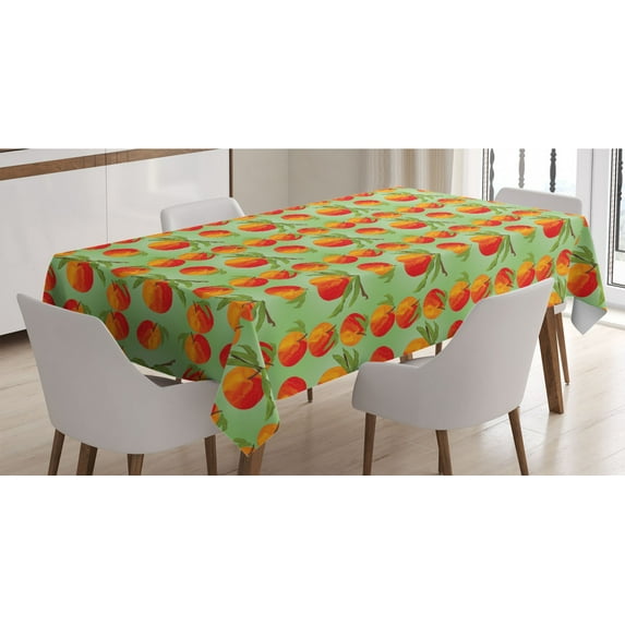 Peach Tablecloth, Botanical Organic Garden Delicacies Mellow Orange Nectarines with Leaves, Rectangle Satin Table Cover for Dining Room and Kitchen, 52" X 70", Green Orange Vermilion, by Ambesonne