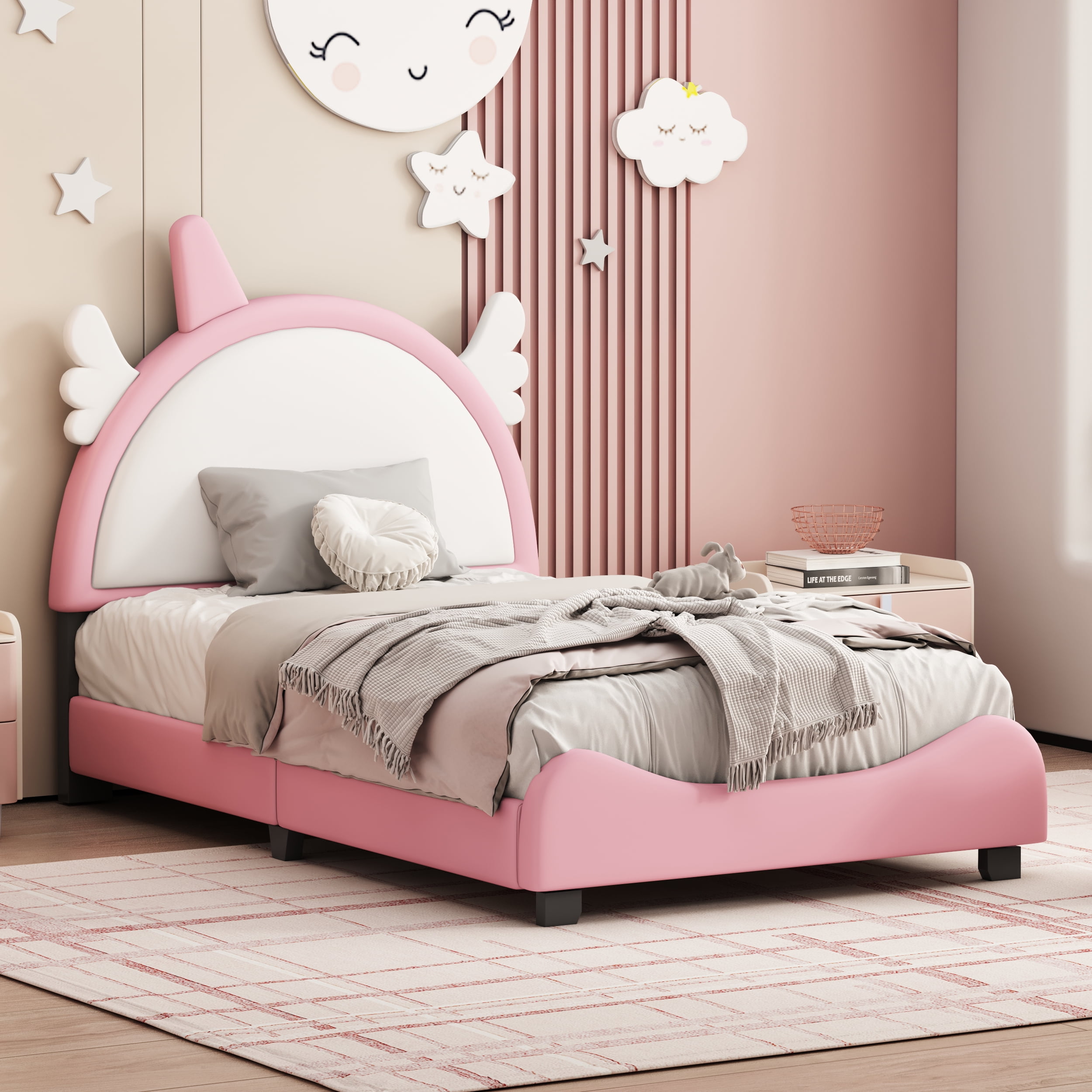 Cute Twin Size Bed Frame with Unicorn Shape Headboard,Twin Size Platform Bed Frame with Headboard and Footboard for Boys Girls ,80"x45"x45",White+Pink