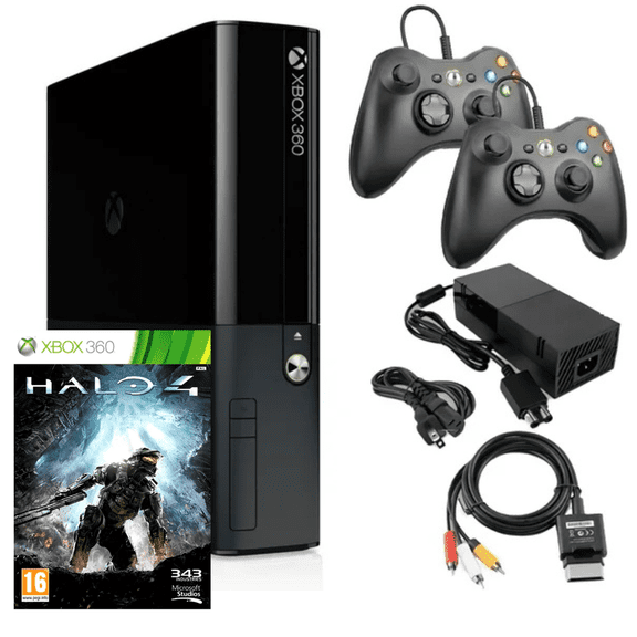 Restored Microsoft Xbox 360 Model E 4GB with Halo 4 with Two Retrofam Controllers, Black, (Refurbished)