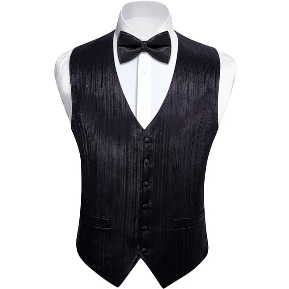 VERVEROW Men's Solid Striped Suit Vest with Bow Tie, 6 Button V Neck Wedding Waistcoat Set, Black