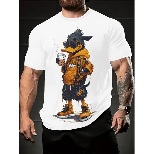 Camiseta gráfica informal para hombre: pato elegante con gafas y café, estampado 3D, manga corta, poliéster, blanca, ideal para actividades al aire libre en verano.