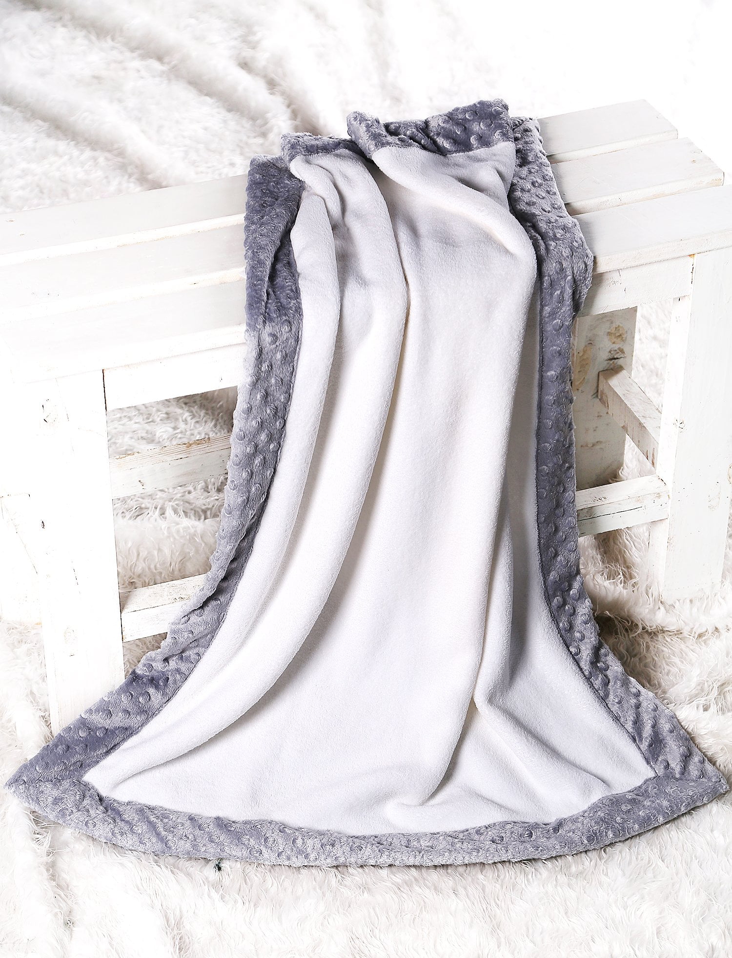 Solid Baby Blue/Grey Border Bacati Solid Center with Frame Style Border Plush Blanket 