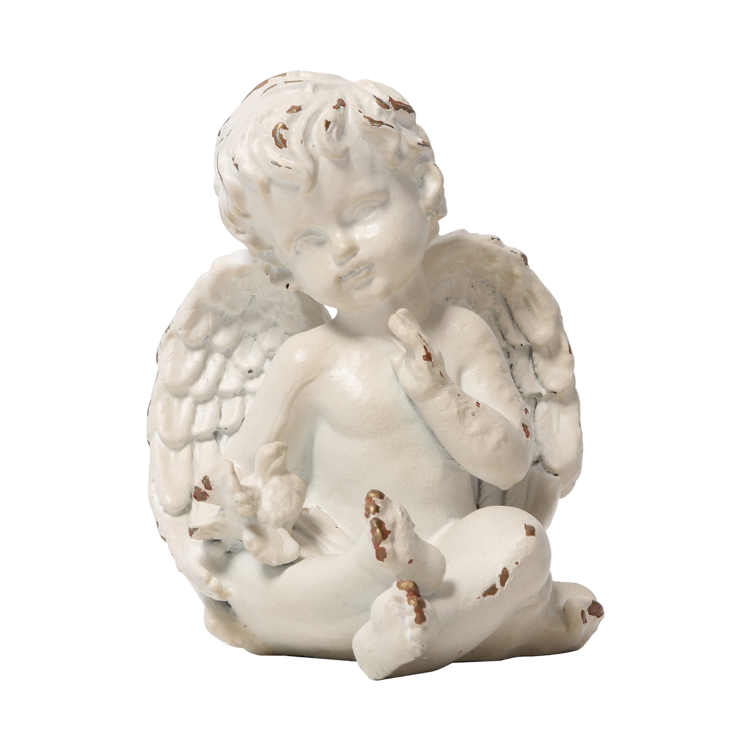 Antique White Small Cherub Angel Statues with Dove 5", Distressed
