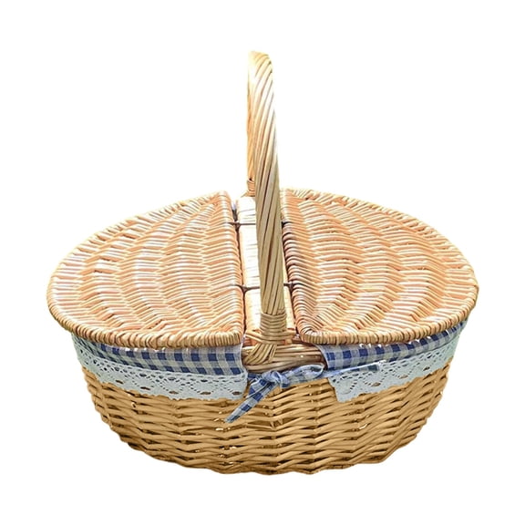 Wicker Picnic Basket with Removable Liner & Lid, Oval Hand Woven Picnic Hamper with Foldable Handle for Camping, Outdoor, Easter, Gift Storage