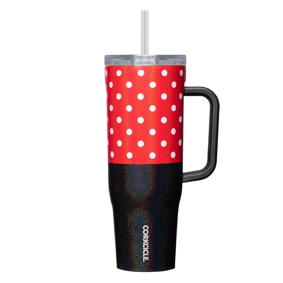 Corkcicle x Disney Minnie Mouse Cruiser Vaso aislado con asa y pajita, lunares rojos, 40 oz – Botella de agua reutilizable que mantiene las bebidas frías 20 horas, calientes 9 horas – Apto para portav