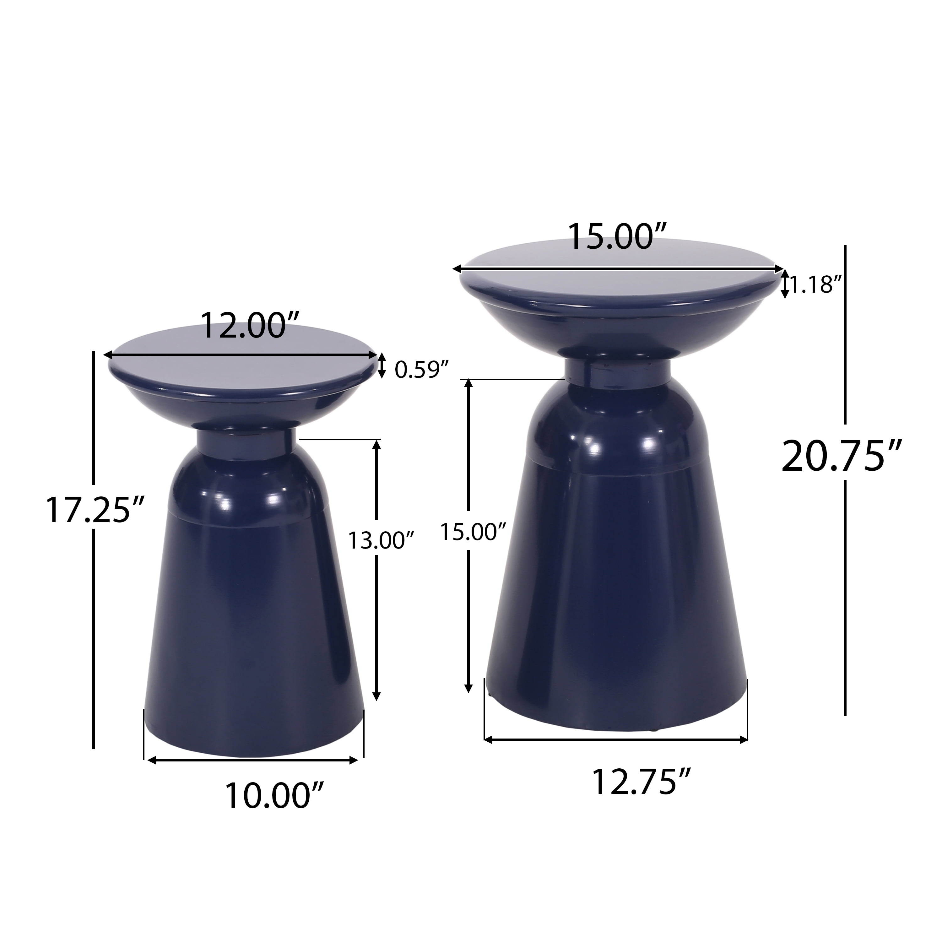 Outdoor Side Table Set of 2, Iron Frame Flared Style Accent Tables for Patio Garden, Navy Blue