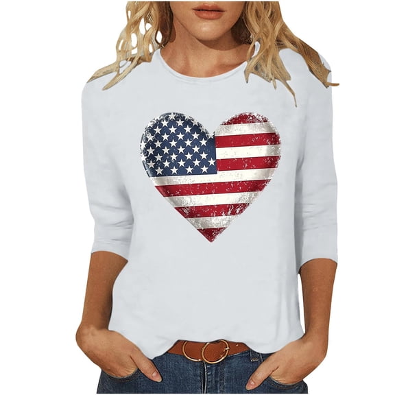 Htigea 4th of July Women's 3/4 Sleeve Tops Heart Flag Graphic T-Shirts USA Independence Day Pullover Patriotic Tee Soft Lightweight Summer Blouses White S