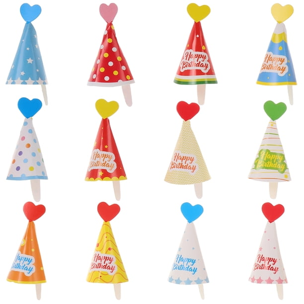 36 mini adornos para pasteles con forma de cono de cumpleaños, ideales para decorar cupcakes y pasteles. Perfectos para baby showers y otras ocasiones especiales.