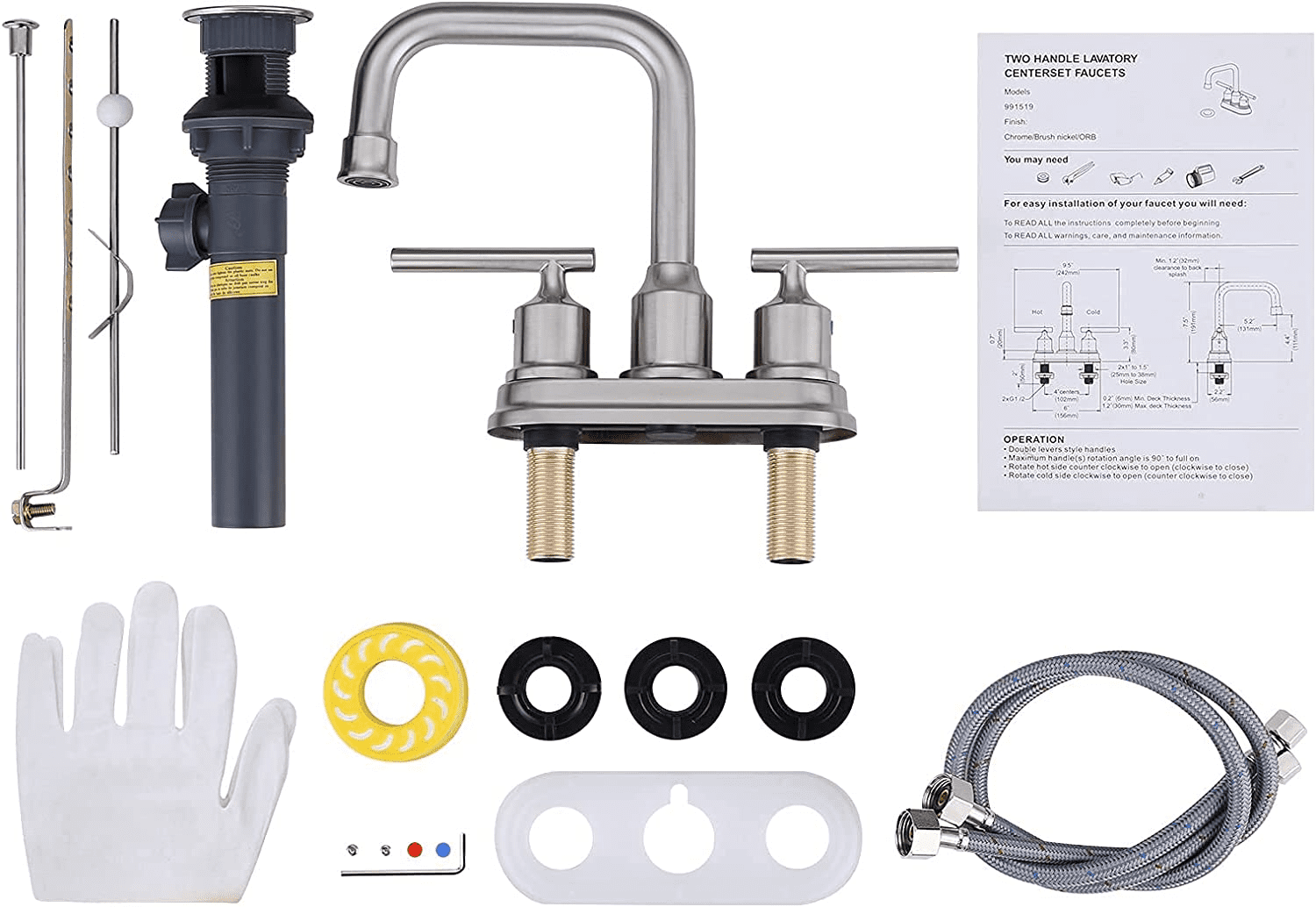 WOWOW 2 Handle Bathroom Faucet 4 Inch Centerset Bathroom Sink Faucets with Lift Rod Drain