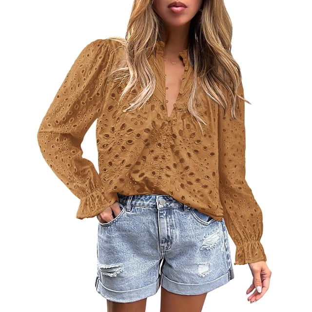 Blusa PRETTYGARDEN de Manga Larga con Escote en V y Encaje Talle M