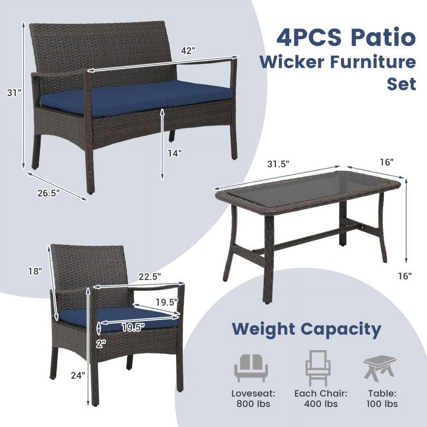 Aimee Lii 4 Pieces Rattan Conversation Set, Patio Table and Chairs Set, Outdoor Patio Set with Tempered Glass Coffee Table, Navy Aimee Lii 4 Pieces Rattan Conversation Set, Patio Table and Chairs Set, Outdoor Patio Set with Tempered Glass Coffee Table, Navy
