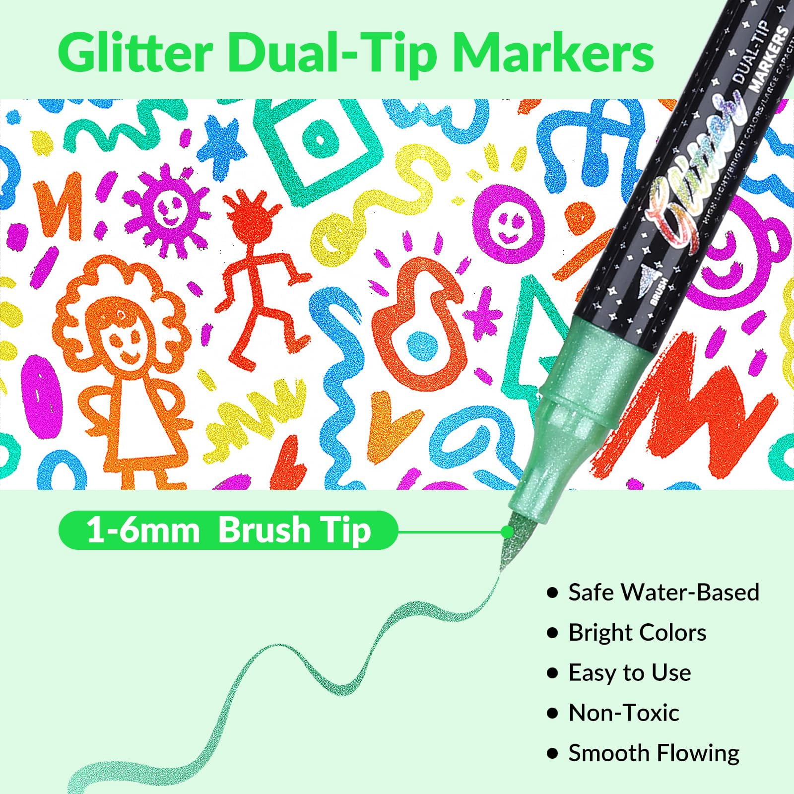 Glitter Effect Brush Markers Pens, Dual Tip Metallic Sparkle Markers Set with 1-6mm Brush Tip, 36 Unique Glitter Colors, Safe Water-Based Ink, for Card Making, DIY Crafts, Doodle