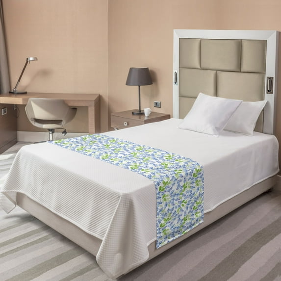Lavender Bed Runner, Pastel Watercolor Petals with Leaves Gardening Foliage Yard Bouquets, Decorative Accent Bedding Scarf for Hotels Homes and Guestrooms, Twin, Lime Green Violet Blue, by Ambesonne