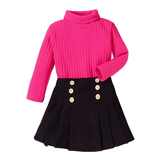 Penkiiy Ensemble Jupe Plissée 3 Pcs pour Filles Automne Hiver Robe Confortable avec Béret 1-2 Ans Rose