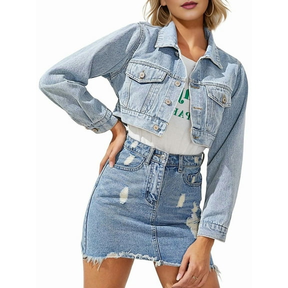 Women'S Casual Fashion Lapel Long Sleeve Short Denim Jacket Blue XS