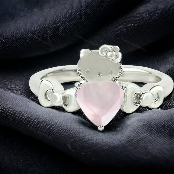 Cat Lover Gift Novelty Ring Women Rose Quartz Ring Silver Kitty Ring Kitty Inspired Ring Animal Lover Jewelry Japanese Cartoon Heart Rings