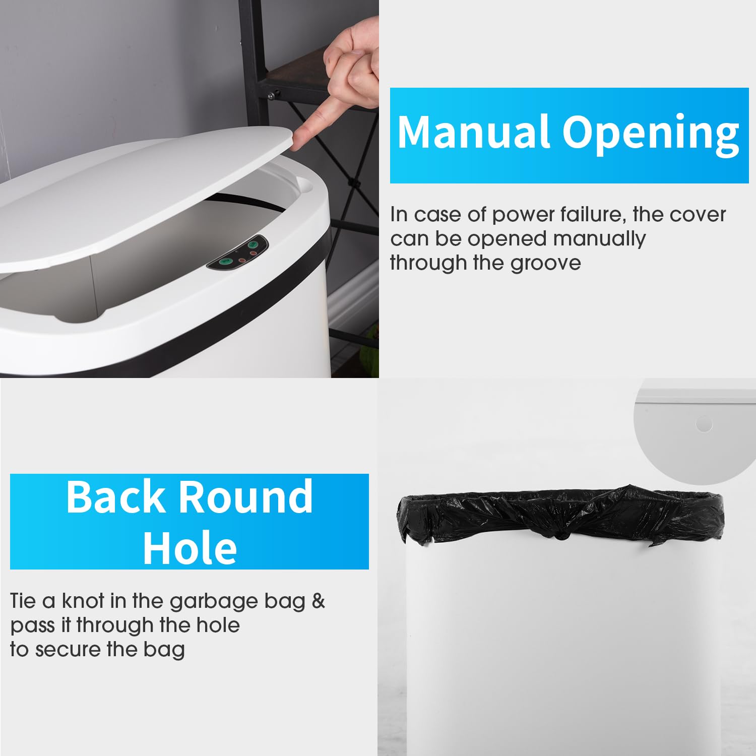 Kitchen Trash Can with Lid, 13 Gallon Automatic Garbage Can for Bathroom Bedroom Home Office , White