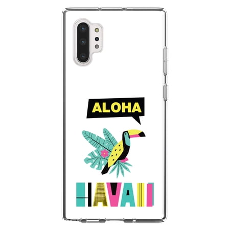 DistinctInk Clear Shockproof Hybrid Case for Galaxy Note 10 PLUS (6.8 Screen) - TPU Bumper Acrylic Back Tempered Glass Screen Protector - Summer Graphics - Aloha Hawaii Yellow Teal Pink
