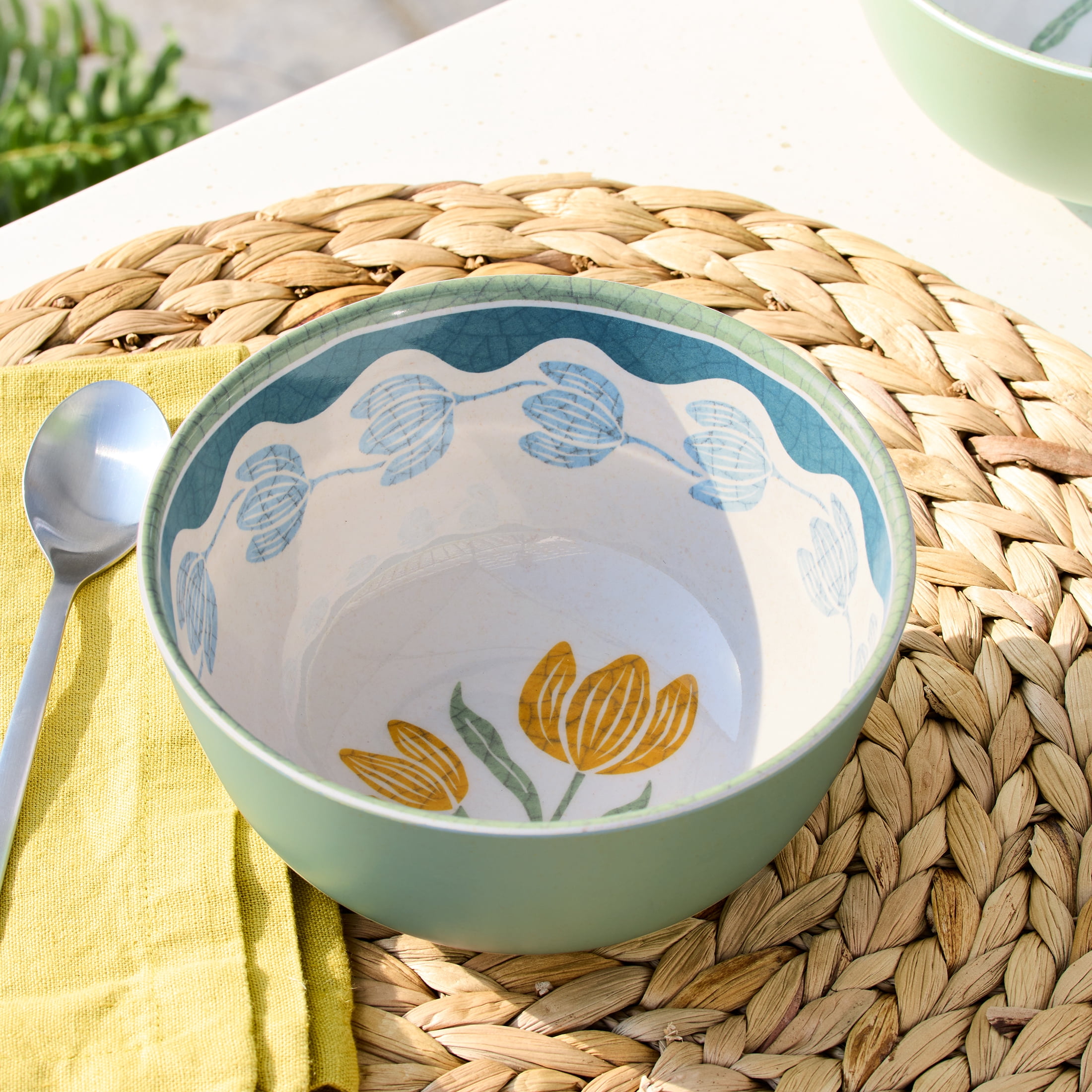 Better Homes & Gardens 36 oz Round Cereal Bowl, Floral Green, Reusable, Dishwasher-Safe, Bamboo Melamine Plastic