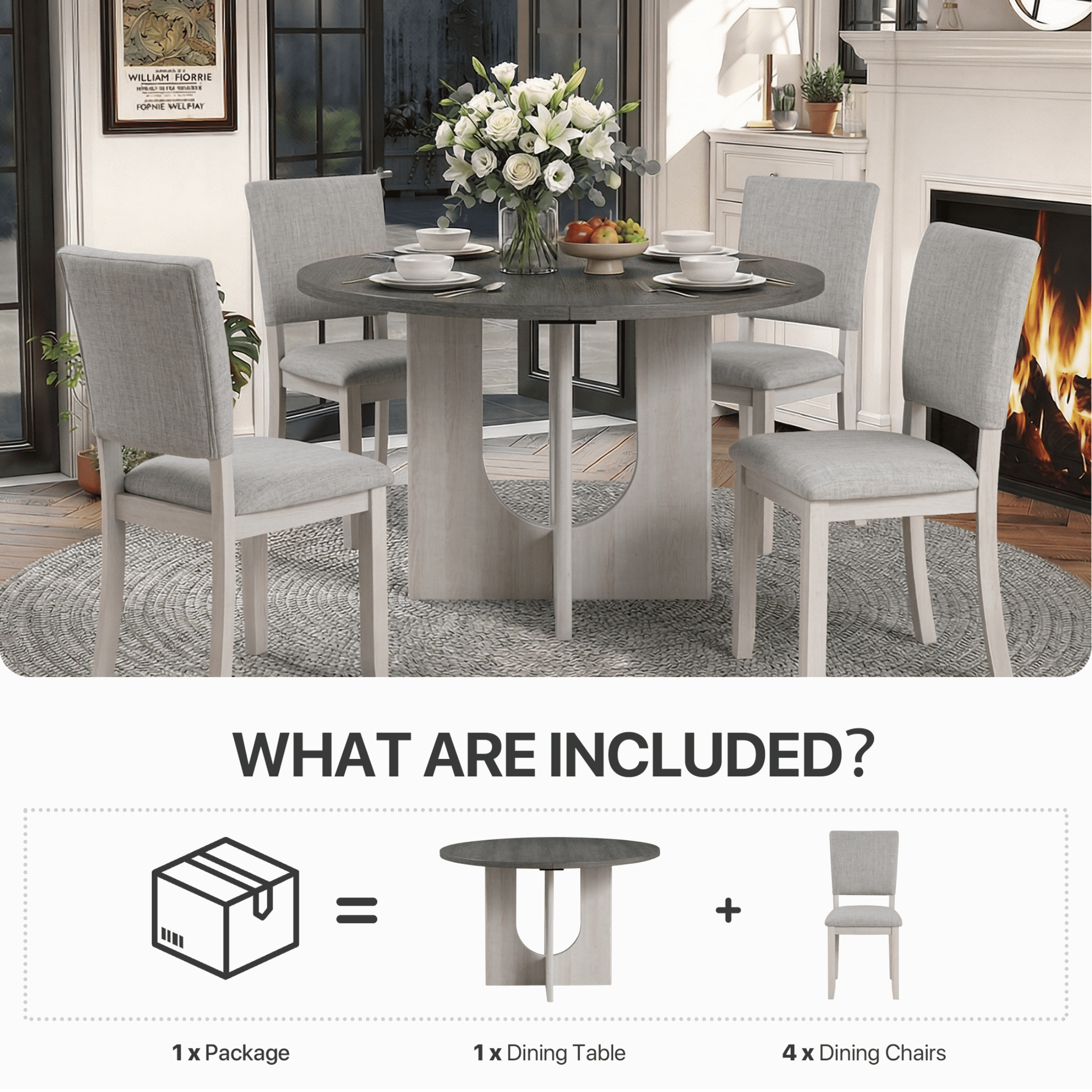 Aukfa Farmhouse Wood Light Gray Upholstered Round Dining Set, 5-Piece