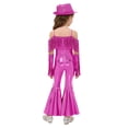 thumbnail image 2 of TiaoBug Kids Girls Off Shoulder Fringe Jumpsuit Disco Outfit for Retro Themed 70s Party & Stage Performance Hot Pink 14, 2 of 7