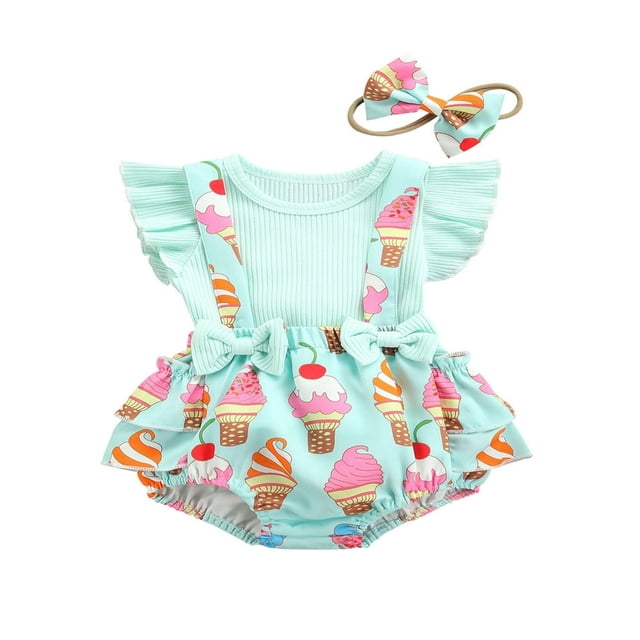 MesaSe Baby Girl Summer Clothes Set Ruffle Flying Sleeve Knitted Romper Floral Suspender Shorts Headband 3PCS Set
