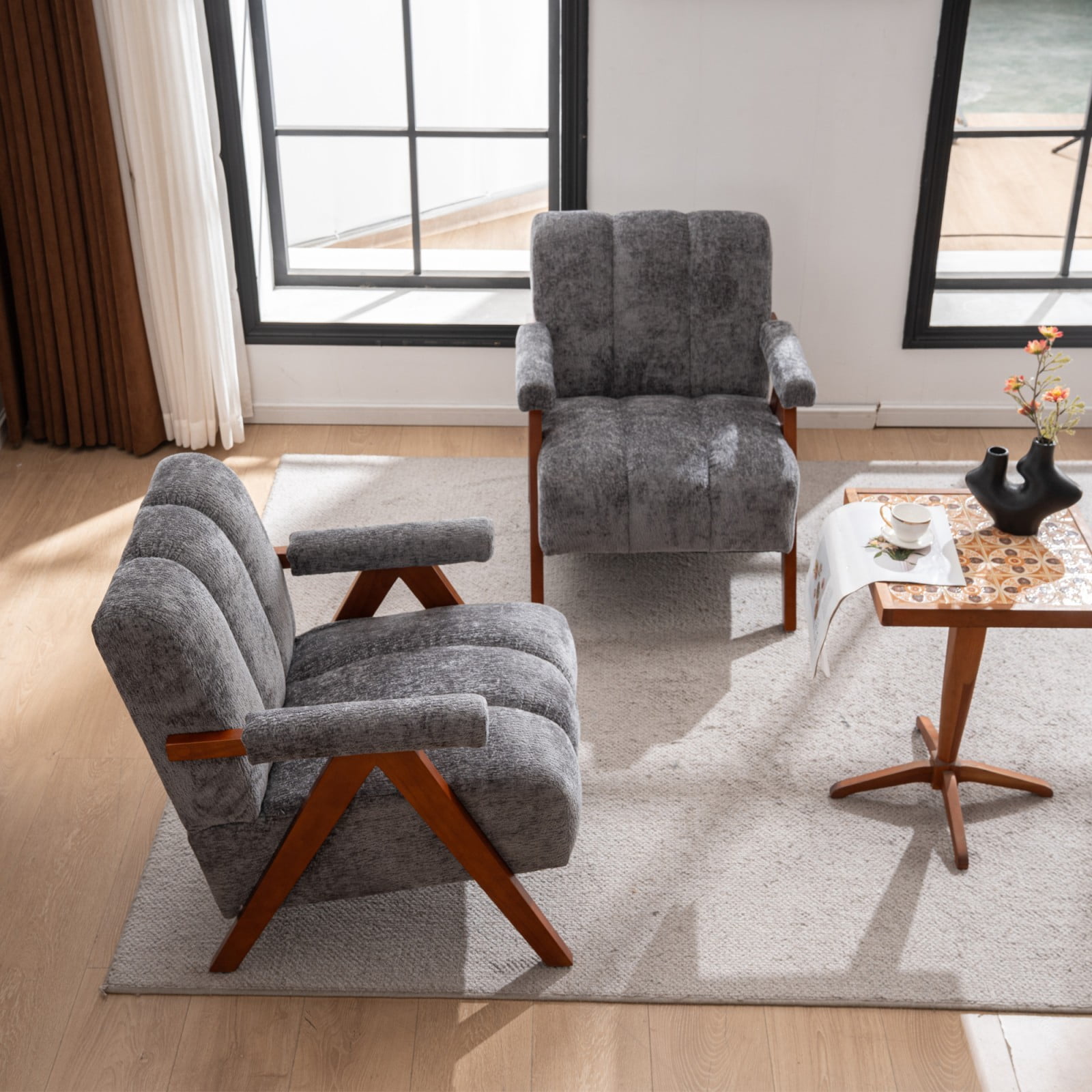 Mid-Century Modern Accent Chair Set of 2, Cloud-Shaped Chenille Lounge Armchair with Solid Oak Wood Frame, Upholstered Reading Chair for Living Room Bedroom Balcony, Gray
