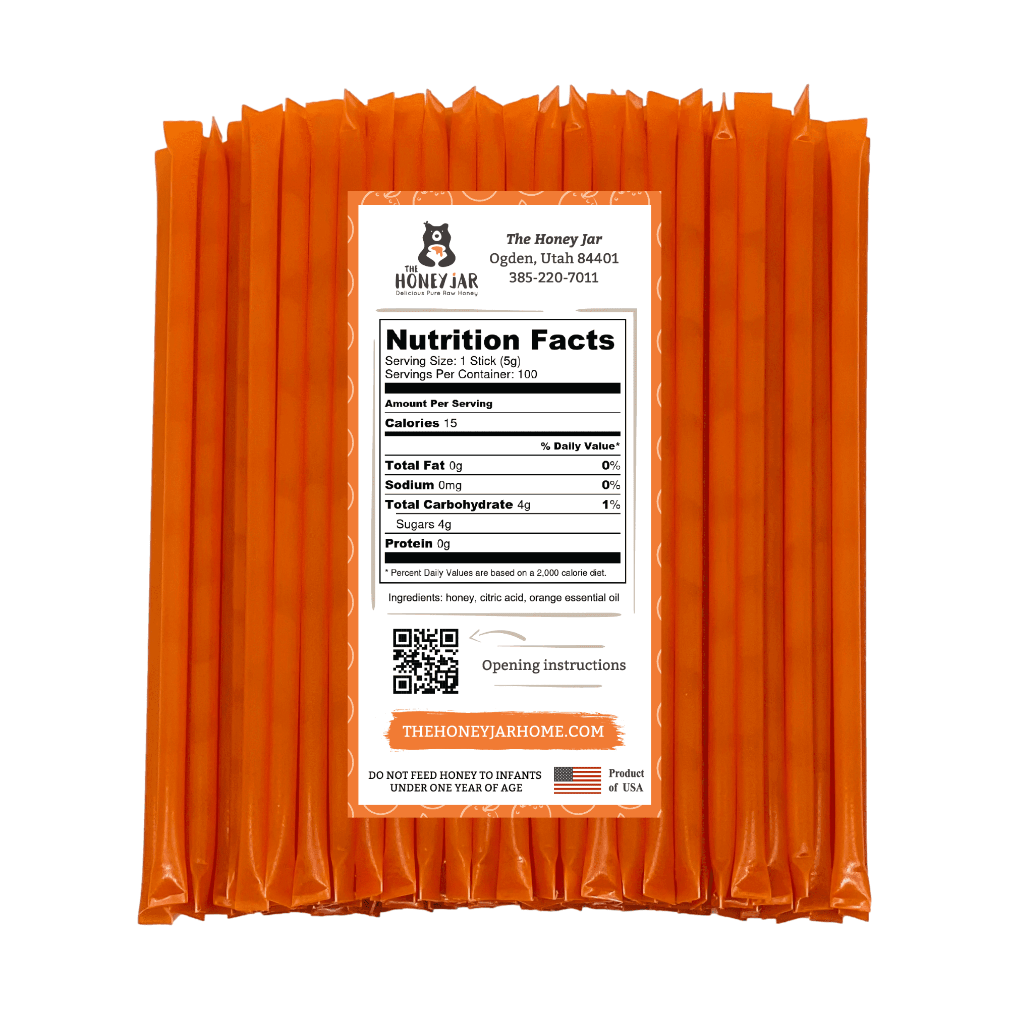 The Honey Jar - Orange Flavored Honey Sticks - 100 Count Package