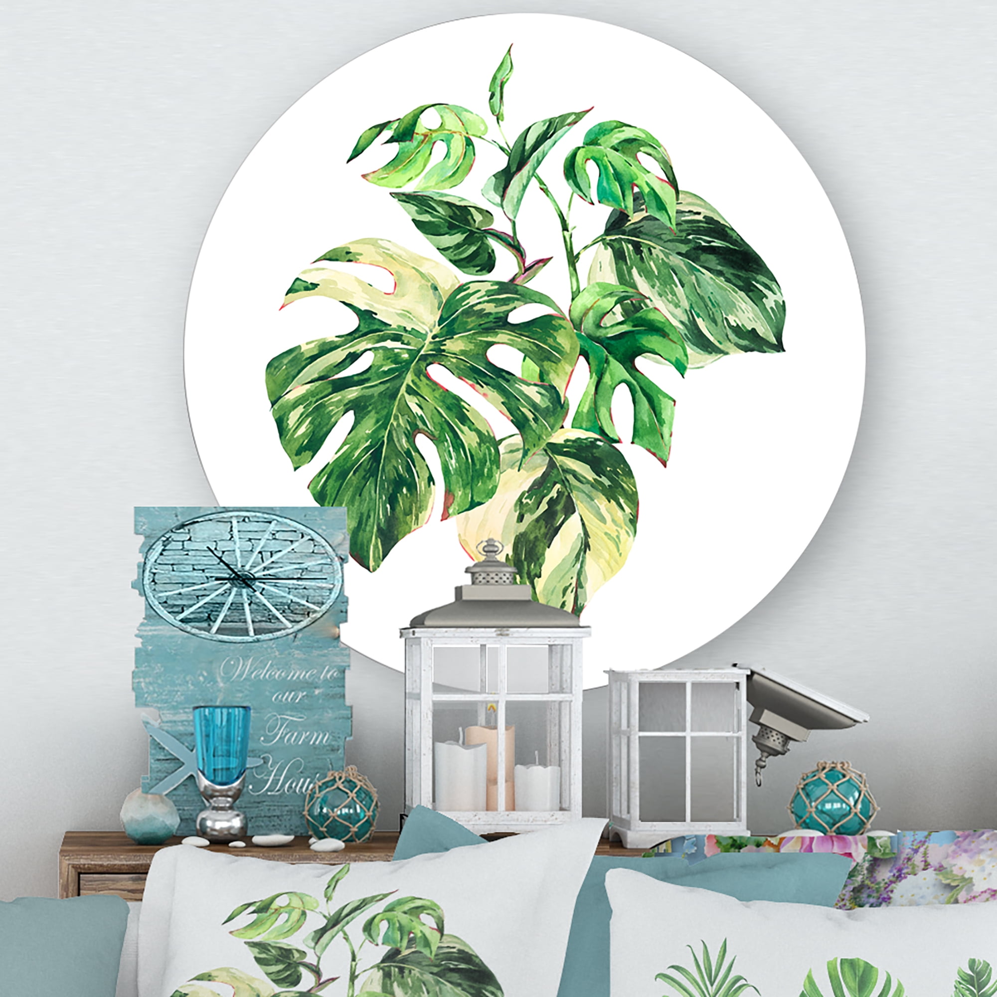 Designart 'Tropical Green Leaves On White In Summer Times I' Tropical Circle Metal Wall Art 11x11 - Disc of 11