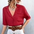 thumbnail image 2 of Womens Button Down Shirts Notched Lapel Half Sleeve Office Blouses Solid Color Loose Comfy T Shirts Tops for Work Casual, 2 of 6