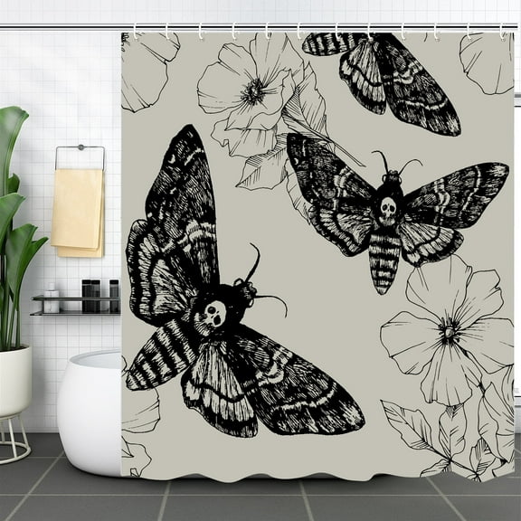 Moth Skull Shower Curtain Bathroom Set Bohemian Moth Flower Shower Curtain Bohemian Animal Skull Bathroom Shower Curtain, Black Grey 70x70 inches
