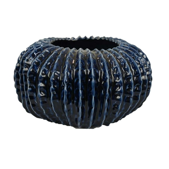 Harry Round Planter Vase, Textured Design, Blue Ceramic 13 Inch