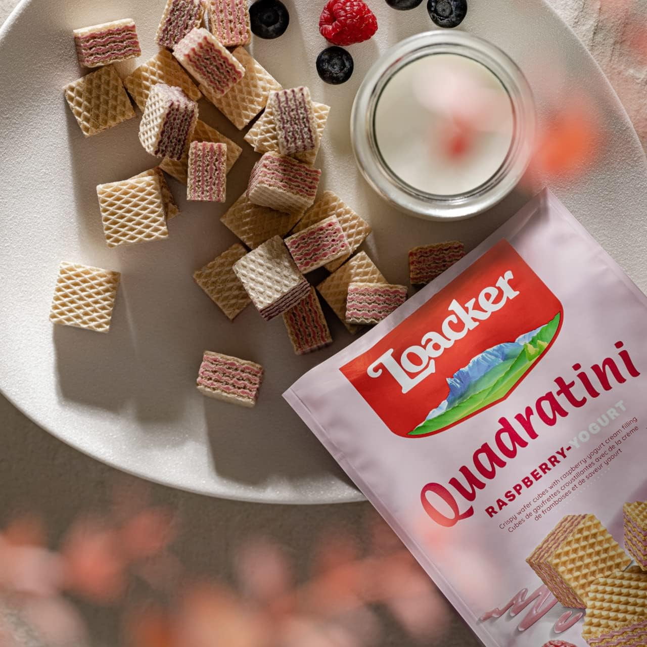 Loacker Quadratini Raspberry-Yogurt, Cream-Filled Bite-Size Wafer Cookies, 7.76 oz, Pack of 6