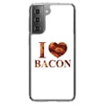 thumbnail image 1 of DistinctInk Clear Shockproof Hybrid Case for Galaxy S21 5G (6.2" Screen) - TPU Bumper, Acrylic Back, Tempered Glass Screen Protector - White Bacon Writing I Heart Bacon - Love of Bacon, 1 of 2