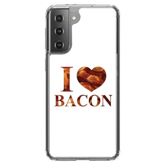 DistinctInk Clear Shockproof Hybrid Case for Galaxy S21  PLUS 5G (6.7" Screen) - TPU Bumper, Acrylic Back, Tempered Glass Screen Protector - White Bacon Writing I Heart Bacon - Love of Bacon