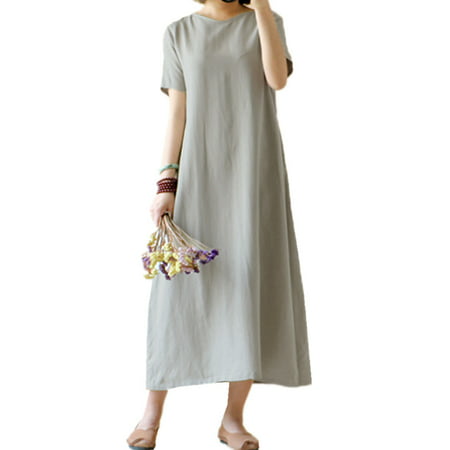 Women's Cotton Linen Round Neck Short Sleeve Vintage Casual Dress