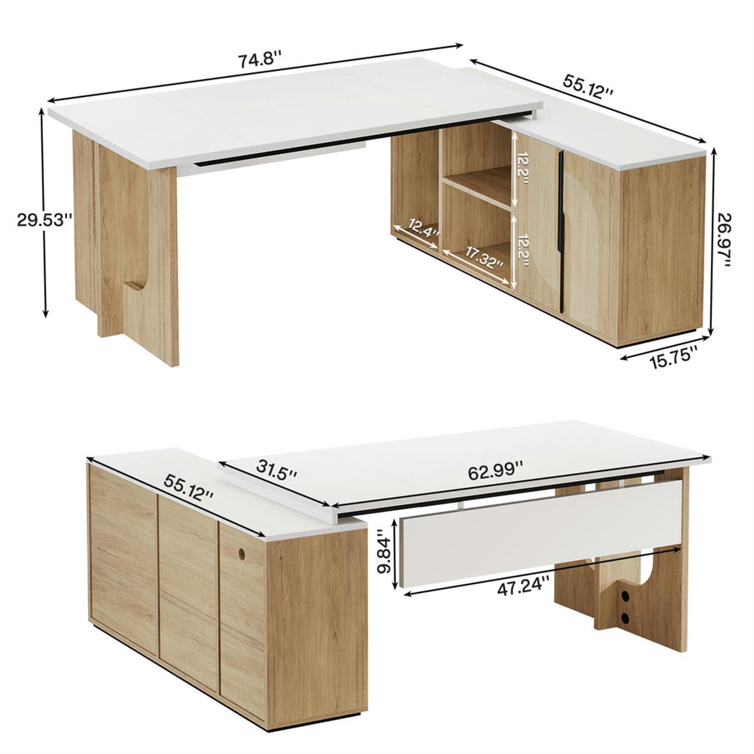 Demi Bonn Modern L Shaped Gaming Computer Desk, 74" Corner Executive Desk with Storage Cabinet for Home Office, White