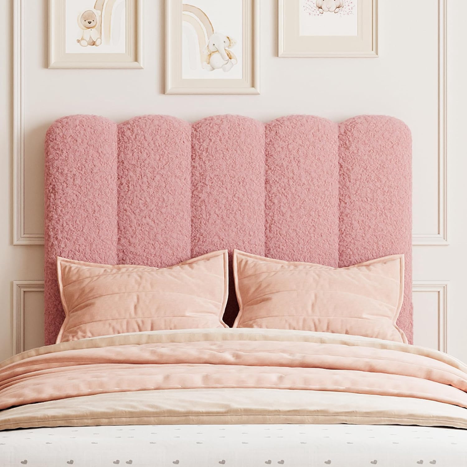Homhougo Twin Bed Frame with Storage Drawer and Headboard, Boucle Upholstered Twin Platform Bed Frame for Girls, Strong Wooden Slats Support, Noise-Free, Easy Assembly (Boucle Pink)