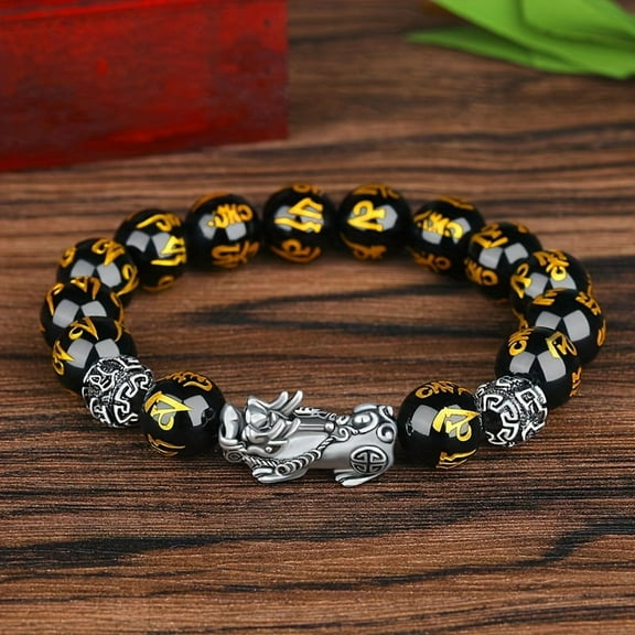 [Wealth Good Luck Dragon Bracelet] 1pc Dragon Bracelet, Feng Shui Black Obsidian Wealth Bracelet Good Luck Bracelets for Women Men,Silver