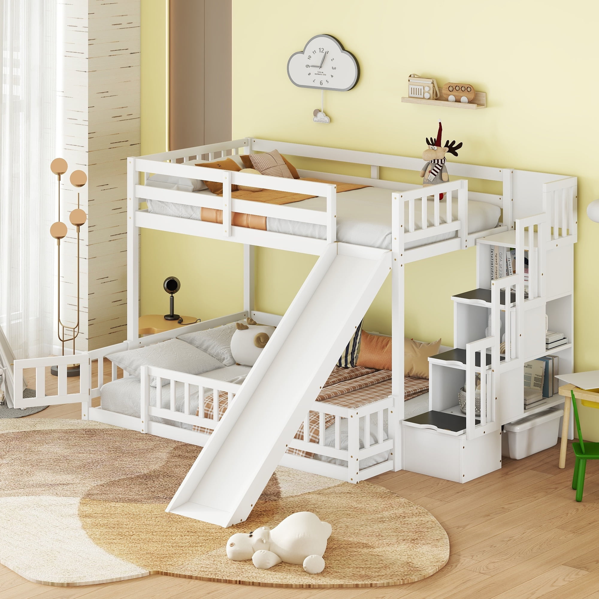 Sailvan Twin Over Full Bunk Bed with Slide, Storage Staircase, Pine Solid Wooden Bunk Bed with Safety Guardrails