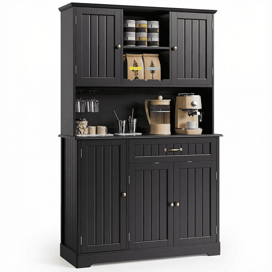 Aiho 67" Kitchen Pantry Storage Cabinet with Doors & Shelves, Modern Buffet Cabinet with Microwave Stand, Tall Hutch Cabinet for Kitchen, Dining Room - Black
