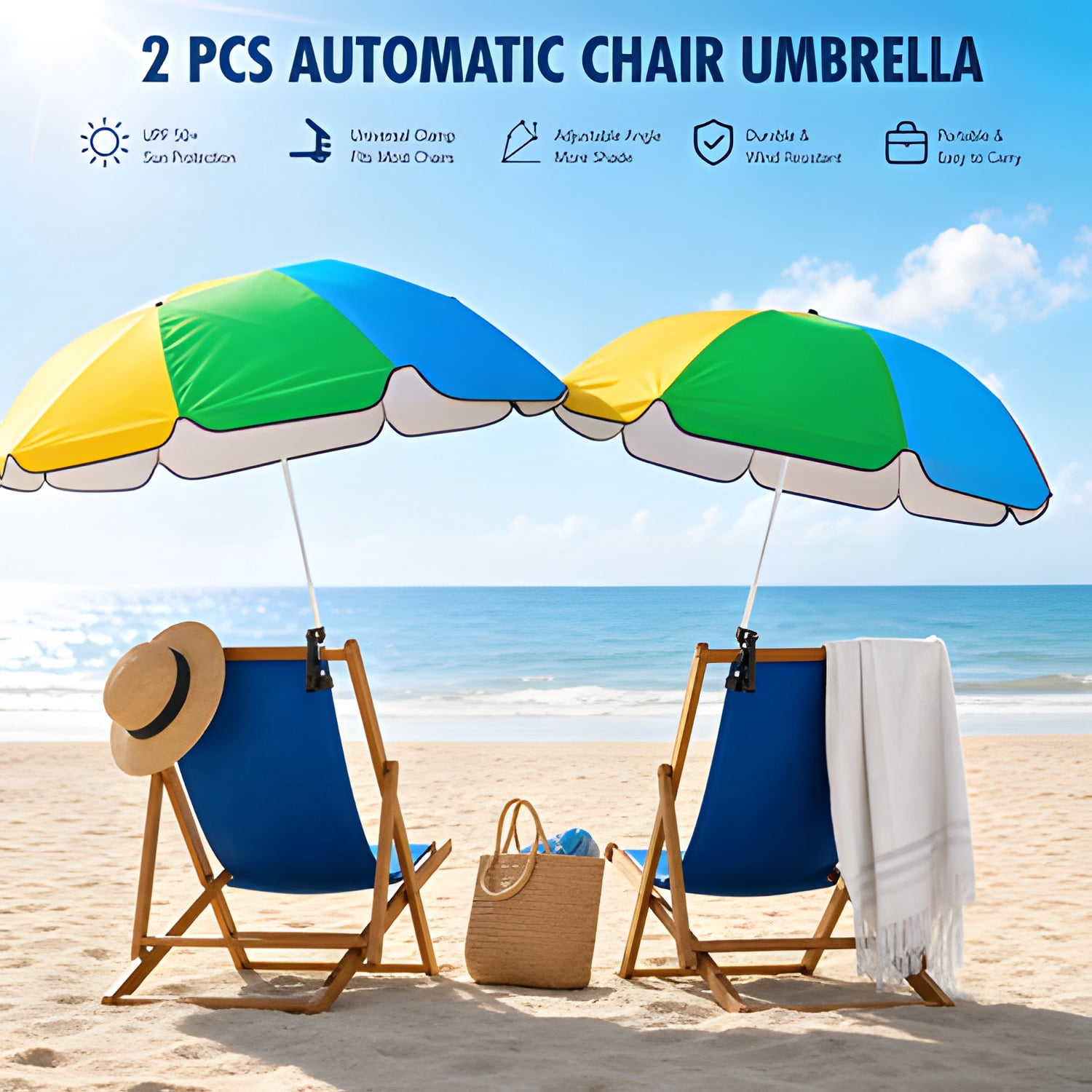 2 Pcs Automatic Chair Umbrella with Universal Clamp 44" UPF 50+ Portable Clamp on Beach Chair Adjustable Wheelchair Umbrella for Outdoor Patio Parasol